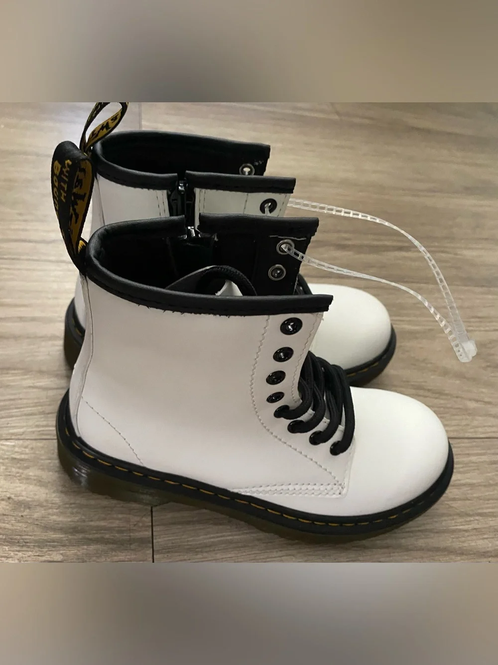 Dr. Martens Kids White Leather Lace-Up Boots with Black Trim